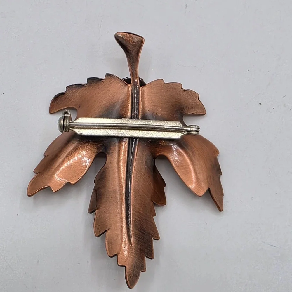 Vintage‎ Renoir Copper Maple Leaf Brooch Brown Stone Cabochon Mid Century Pin